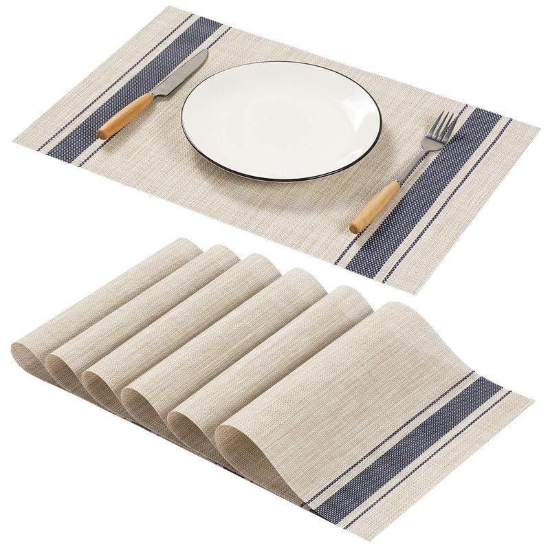 LUCCI LUCCI Placemats HeatResistant Woven Vinyl Placemat NonSlip Washable PVC Table Mat Easy to Clean Premium Plastic Mats for Dining Kitchen Table Set of 8 Blue Line - Image 1