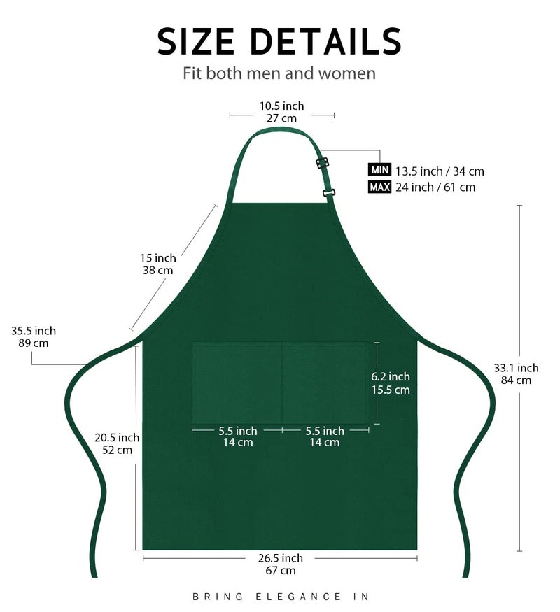 Syntus 2 Pack Adjustable Bib Apron Waterdrop Resistant with 2 Pockets Cooking Kitchen Aprons for BBQ Drawing, Women Men Chef, Dark Green - Image 2