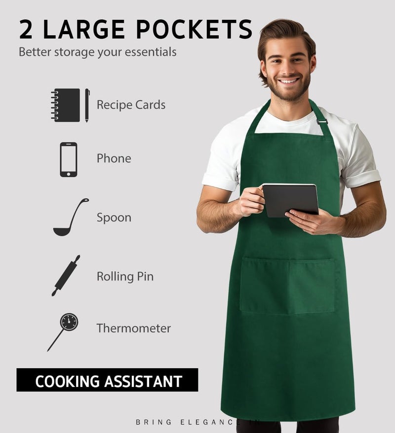 Syntus 2 Pack Adjustable Bib Apron Waterdrop Resistant with 2 Pockets Cooking Kitchen Aprons for BBQ Drawing, Women Men Chef, Dark Green - Image 4
