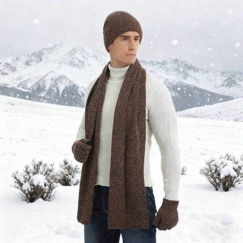 floconssy Men's Winter Beanies Hats Scarf Gloves Sets, 3 PCS Warm Fleece Lined Hat Thermal Long Scarf Touchscreen Gloves for Cold Weather Brown - Image 5
