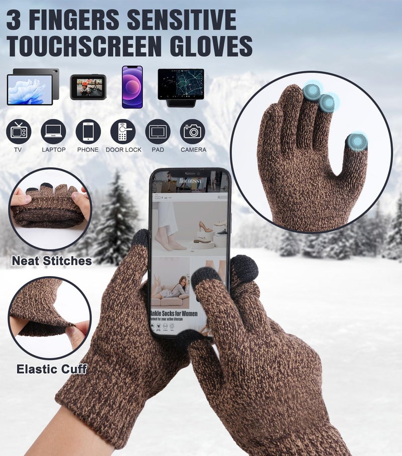 floconssy Men's Winter Beanies Hats Scarf Gloves Sets, 3 PCS Warm Fleece Lined Hat Thermal Long Scarf Touchscreen Gloves for Cold Weather Brown - Image 3