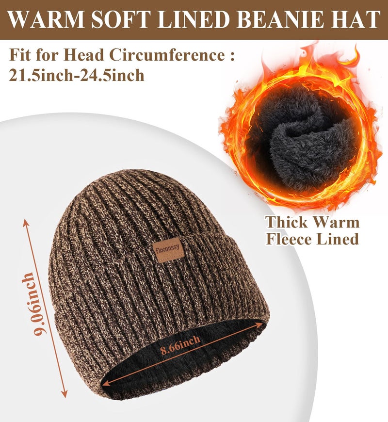 floconssy Men's Winter Beanies Hats Scarf Gloves Sets, 3 PCS Warm Fleece Lined Hat Thermal Long Scarf Touchscreen Gloves for Cold Weather Brown - Image 2