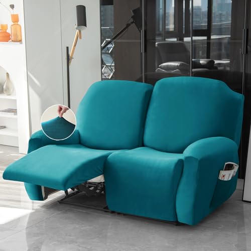 HOKIPO 200 GSM Velvet Recliner Sofa Slipcover 2 Seater Fully Covered 6-Piece Set Machine Washable Furniture Protector for Kids Pet, Turquoise (AR-4908-TRQ) - Image 1