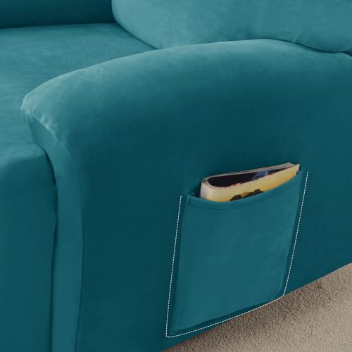 HOKIPO 200 GSM Velvet Recliner Sofa Slipcover 2 Seater Fully Covered 6-Piece Set Machine Washable Furniture Protector for Kids Pet, Turquoise (AR-4908-TRQ) - Image 5