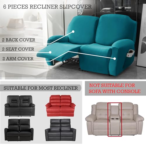 HOKIPO 200 GSM Velvet Recliner Sofa Slipcover 2 Seater Fully Covered 6-Piece Set Machine Washable Furniture Protector for Kids Pet, Turquoise (AR-4908-TRQ) - Image 3
