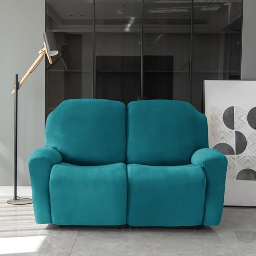 HOKIPO 200 GSM Velvet Recliner Sofa Slipcover 2 Seater Fully Covered 6-Piece Set Machine Washable Furniture Protector for Kids Pet, Turquoise (AR-4908-TRQ) - Image 2
