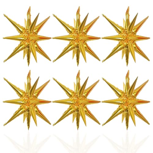 LAIAMER 6 Pcs Gold Star Foil Balloons OnePiece 14Pointed Star Balloon 4D Starburst Cone Mylar Balloon 22inch Christmas Birthday Wedding Wedding Anniversary Party SuppliesGold - Image 1