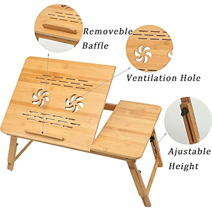 rayihni BAMBOO LAPTOP BED DESK, LAPTOP TRAY FOR BED, BED TABLE WITH ANGLE-ADJUSTABLE TRAYS AND ADJUSTABLE FOLDING LEGS PORTABLE AND FOLDABLE NOTEBOOK STAND WITH DRAWER FOR BED SOFA COUCH - Image 3