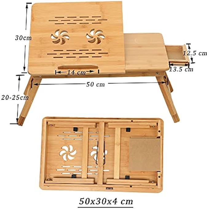 rayihni BAMBOO LAPTOP BED DESK, LAPTOP TRAY FOR BED, BED TABLE WITH ANGLE-ADJUSTABLE TRAYS AND ADJUSTABLE FOLDING LEGS PORTABLE AND FOLDABLE NOTEBOOK STAND WITH DRAWER FOR BED SOFA COUCH - Image 2