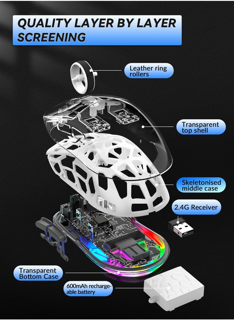 UCHUANG - Wireless Gaming Mouse ,Tri-Mode PC Gaming Mice 2.4G/Bluetooth/Wired,Noiseless Mouse RGB Backlit,Transparent Shell, Multimedia Side Keys,5-Speed DPI (1200-3600),for Win/MAC,White - Image 1