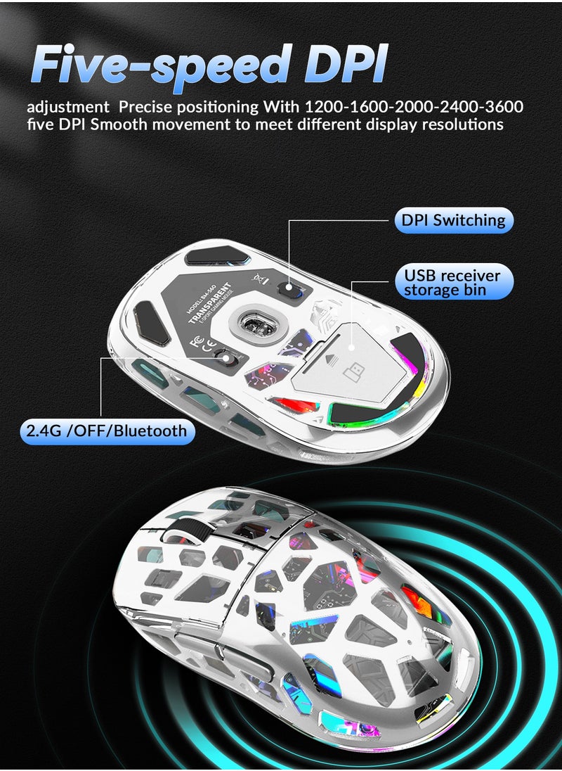UCHUANG - Wireless Gaming Mouse ,Tri-Mode PC Gaming Mice 2.4G/Bluetooth/Wired,Noiseless Mouse RGB Backlit,Transparent Shell, Multimedia Side Keys,5-Speed DPI (1200-3600),for Win/MAC,White - Image 1