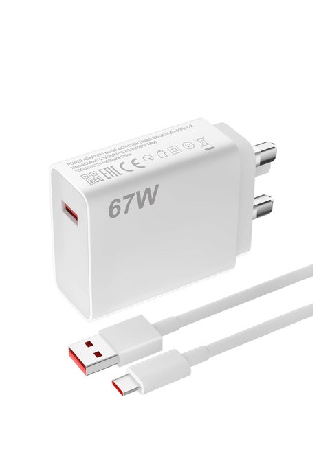 67W USB Plug Turbo Charger for Xiaomi, Fast Charger Plug with USB C Turbo Charging Cable,Charger Adapter for Redmi Note 14/13/12/11/10 Pro/Mi 14/13T/12X/11T/Pad 7/7 Pro/Pad 6/POCO X7/X6/X5