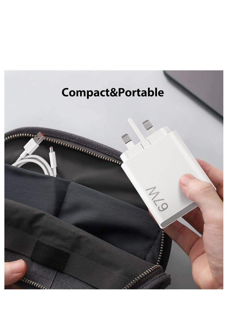 67W USB Plug Turbo Charger for Xiaomi, Fast Charger Plug with USB C Turbo Charging Cable,Charger Adapter for Redmi Note 14/13/12/11/10 Pro/Mi 14/13T/12X/11T/Pad 7/7 Pro/Pad 6/POCO X7/X6/X5