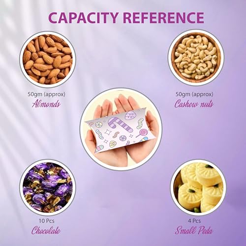 mudrit Pillow Paper Boxes - Set of 50 with Jute Twine | Decorative Folding Paper Gift Boxes for Gifting Chocolates, Dryfruits, and Candies | Size 5.5" x 3.5" (Purple) - Image 4