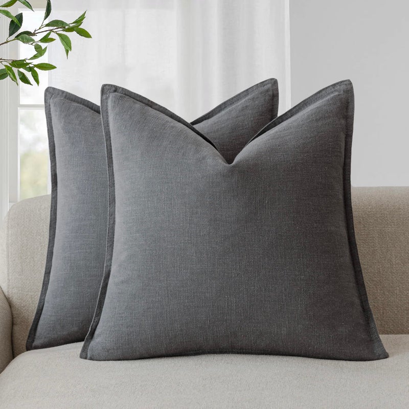 Foindtower Pack of 2, Decorative Linen Soild Throw Pillow Covers Soft Accent Square Cushion Case Boho Farmhouse Pillowcase for Chair Couch Sofa Bedroom Living Room Home Decor 18 x 18 Inch Grey - Image 1