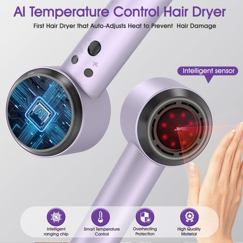 Casavok Ionic Hair Dryer with Auto-Adjusting Sensor,AI Hair Dryer with Magnetic Diffuser,160000 RPM High-Speed Hair Blow Dryer for Fast Drying,Compact Blow Dryer with 500M Plasma,Blow Dryer for Women(Purple) - Image 2
