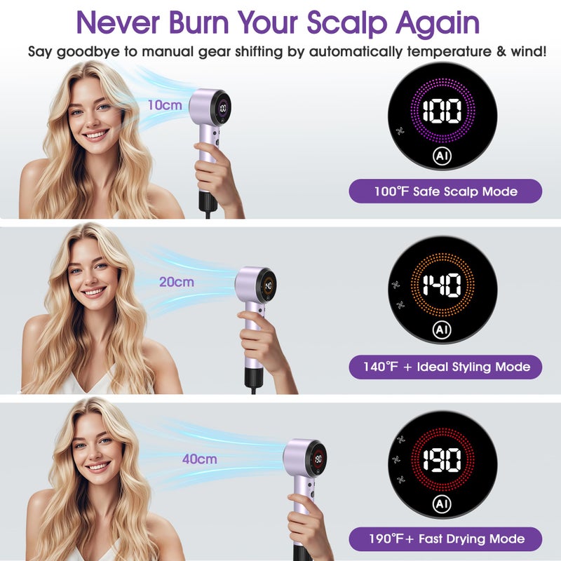 Casavok Ionic Hair Dryer with Auto-Adjusting Sensor,AI Hair Dryer with Magnetic Diffuser,160000 RPM High-Speed Hair Blow Dryer for Fast Drying,Compact Blow Dryer with 500M Plasma,Blow Dryer for Women(Purple) - Image 3