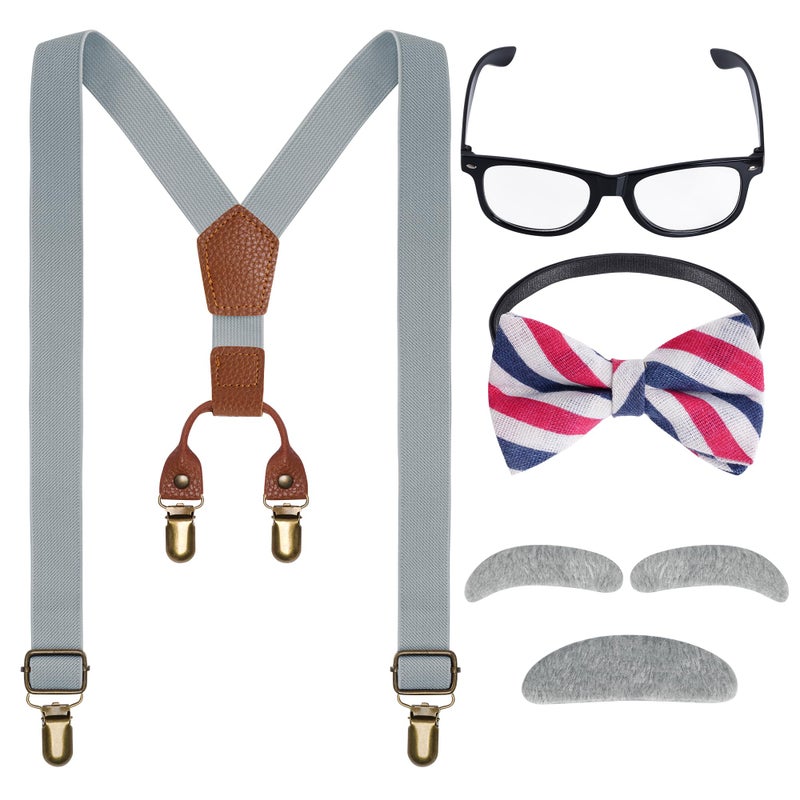 mifengda Kids Old Man Costume 100 Day of School Grandpa Costume for Boys 1920s Old Man Outfit Halloween Dress Up Set Including Bow Tie Beard Eyebrow Suspenders Glasses for Kids Boy Halloween - Image 1