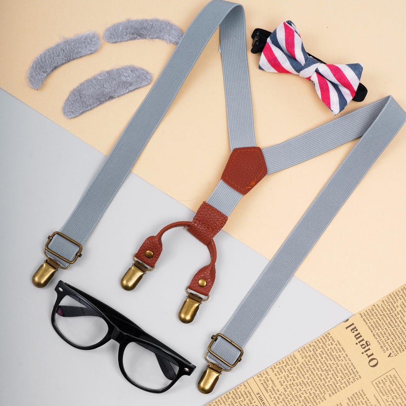 mifengda Kids Old Man Costume 100 Day of School Grandpa Costume for Boys 1920s Old Man Outfit Halloween Dress Up Set Including Bow Tie Beard Eyebrow Suspenders Glasses for Kids Boy Halloween - Image 5