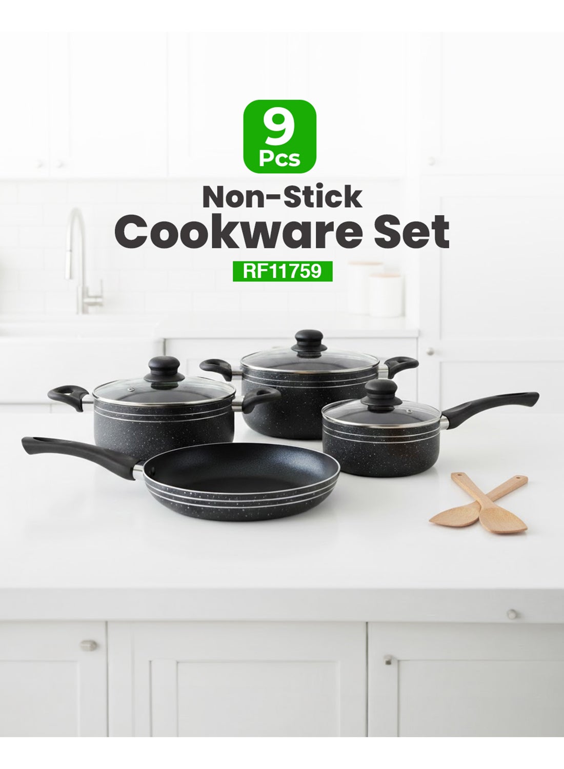 Royalford Ritz 9-Piece Non-Stick Cookware Set- Aluminum Body With 3-Layer Construction Cd Bottom Bakelite Handles And Glass Lid Black Includes 1x Casserole With Lid 24x10 cm, 1xCasserole With Lid 20x9 cm,1xSaucepan With Lid 16x7.5 cm, 1xFry Pan 24x4.5 cm, 1xBamboo Turner, 1xBamboo Spoon. Black 24x10 cm