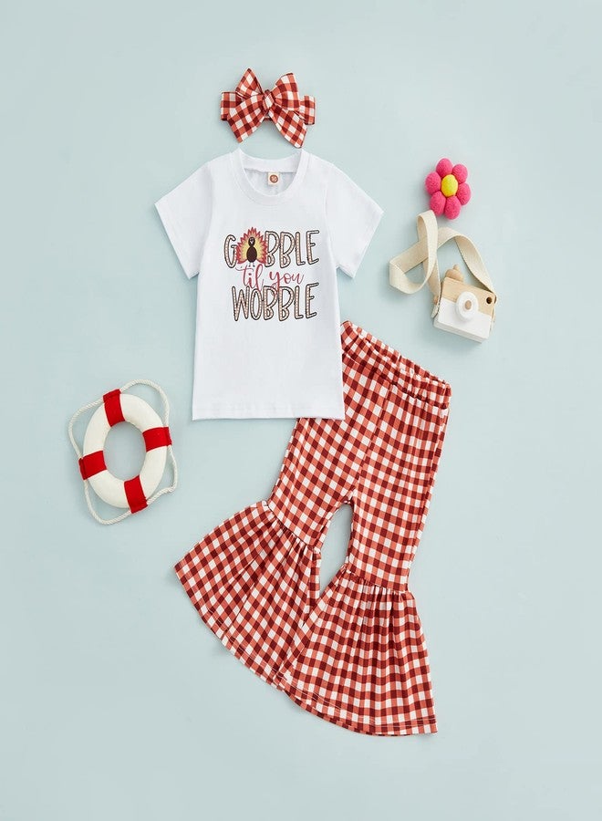 DNOMAID YZARC Toddler Baby Girl Thanksgiving Clothes Letters Print Short Sleeve T-Shirt Flared Pants Set Bell Bottoms Outfits (White Plaid, 6-12 Months) - Image 2