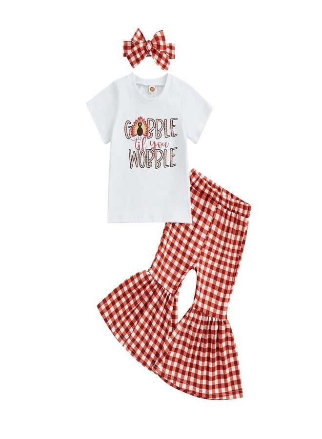 DNOMAID YZARC Toddler Baby Girl Thanksgiving Clothes Letters Print Short Sleeve T-Shirt Flared Pants Set Bell Bottoms Outfits (White Plaid, 6-12 Months) - Image 1