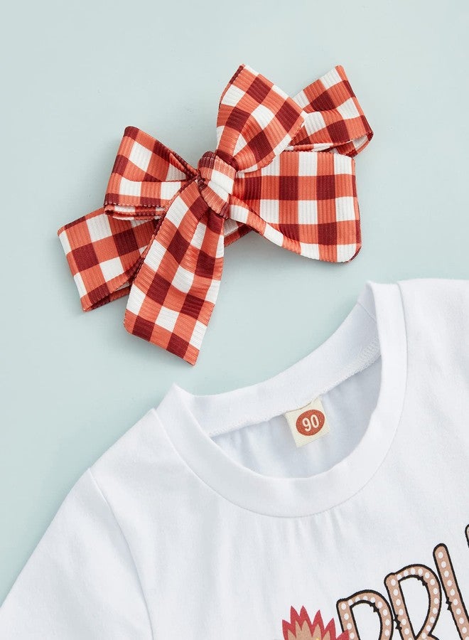 DNOMAID YZARC Toddler Baby Girl Thanksgiving Clothes Letters Print Short Sleeve T-Shirt Flared Pants Set Bell Bottoms Outfits (White Plaid, 6-12 Months) - Image 4