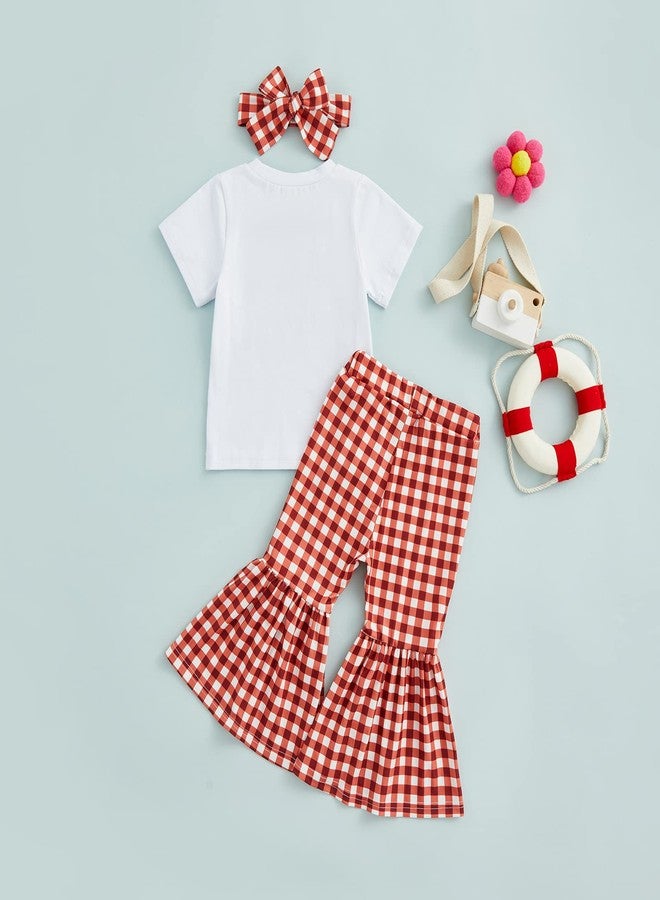 DNOMAID YZARC Toddler Baby Girl Thanksgiving Clothes Letters Print Short Sleeve T-Shirt Flared Pants Set Bell Bottoms Outfits (White Plaid, 6-12 Months) - Image 3