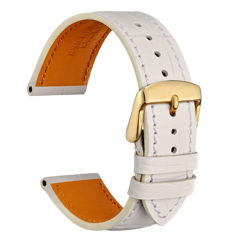 WOCCI 22mm Watch Band, Italian Leather, Embossed Alligator Grain, Gold Buckle (White) - Image 1