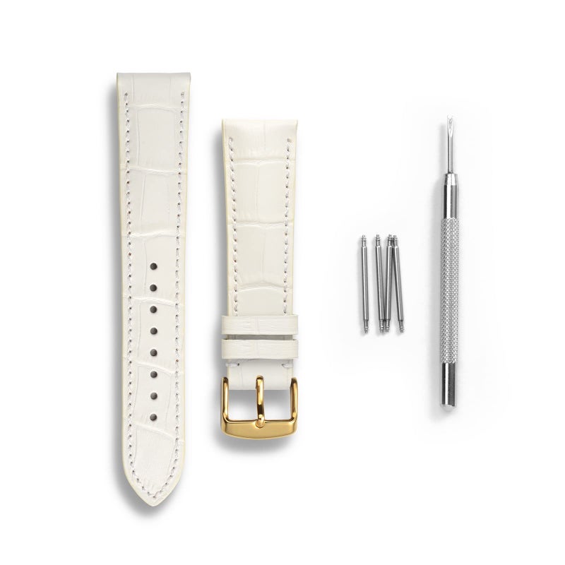 WOCCI 22mm Watch Band, Italian Leather, Embossed Alligator Grain, Gold Buckle (White) - Image 3