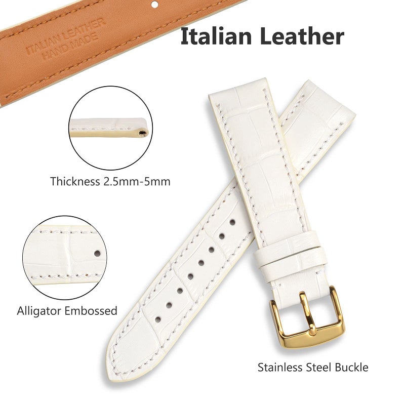 WOCCI 22mm Watch Band, Italian Leather, Embossed Alligator Grain, Gold Buckle (White) - Image 2