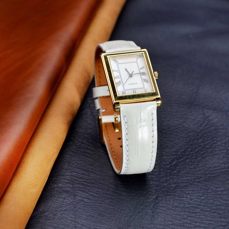 WOCCI 22mm Watch Band, Italian Leather, Embossed Alligator Grain, Gold Buckle (White) - Image 5