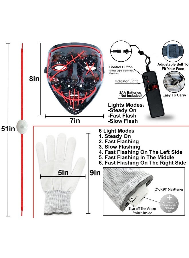 Camlinbo Camlinbo 3 Set Halloween LED Mask Light up Gloves with Shoelaces, Scary Glow in The Dark Mask Halloween Costume Party Adults Kids (Red)  - Image 2