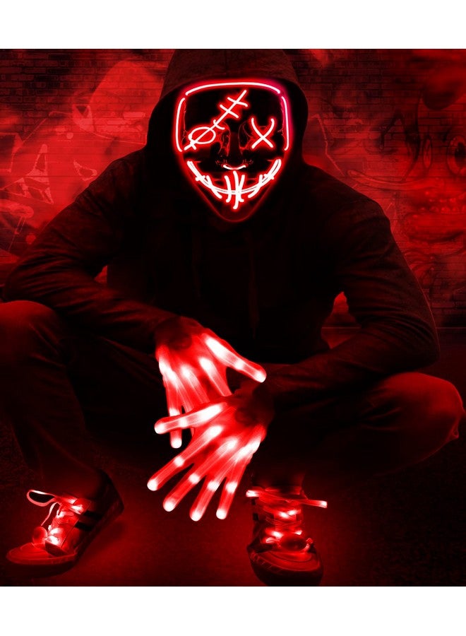 Camlinbo Camlinbo 3 Set Halloween LED Mask Light up Gloves with Shoelaces, Scary Glow in The Dark Mask Halloween Costume Party Adults Kids (Red)  - Image 1