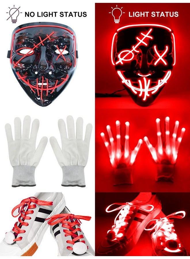 Camlinbo Camlinbo 3 Set Halloween LED Mask Light up Gloves with Shoelaces, Scary Glow in The Dark Mask Halloween Costume Party Adults Kids (Red)  - Image 3
