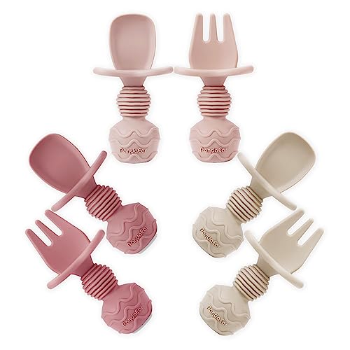PandaEar 6 Pack Silicone Baby Spoons and Fork Feeding Set- Anti-Choke First Self Feeding Utensils for Baby Led Weaning Ages 3 Months -Pink - Image 1
