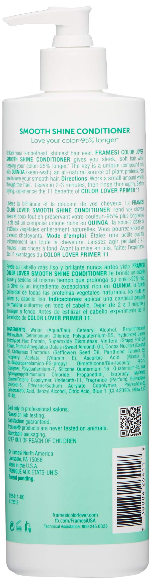 Framesi Color Lover Smooth Shine Conditioner, 16.9 fl oz, Sulfate Free Conditioner with Coconut Oil and Quinoa, Color Treated Hair - Image 2
