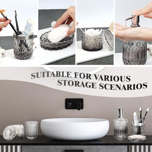 Ulable Bathroom Accessories Set, 5Pcs Bathroom Soap Dispenser Set, Glass Bathroom Accessories with Glass Soap Dispenser, Soap Dish, Toothbrush Holder, Tumbler, Cotton Swab Jar (Gradient Clear & Black) - Image 3