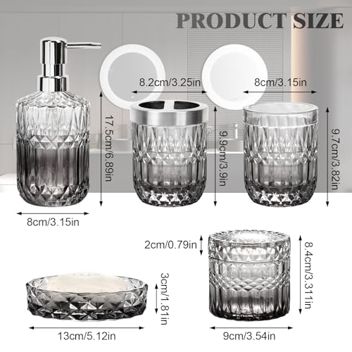 Ulable Bathroom Accessories Set, 5Pcs Bathroom Soap Dispenser Set, Glass Bathroom Accessories with Glass Soap Dispenser, Soap Dish, Toothbrush Holder, Tumbler, Cotton Swab Jar (Gradient Clear & Black) - Image 2