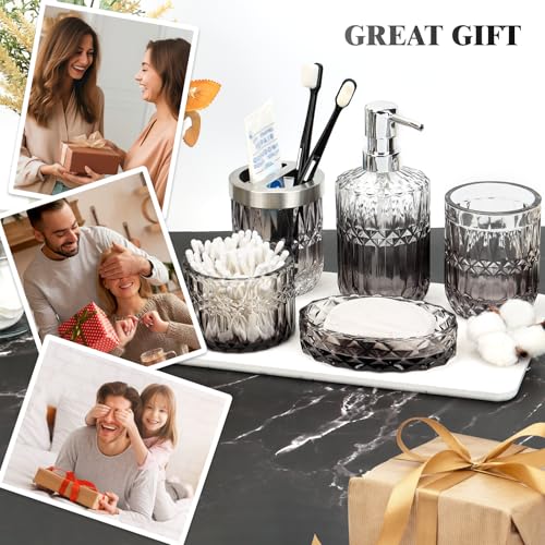 Ulable Bathroom Accessories Set, 5Pcs Bathroom Soap Dispenser Set, Glass Bathroom Accessories with Glass Soap Dispenser, Soap Dish, Toothbrush Holder, Tumbler, Cotton Swab Jar (Gradient Clear & Black) - Image 5