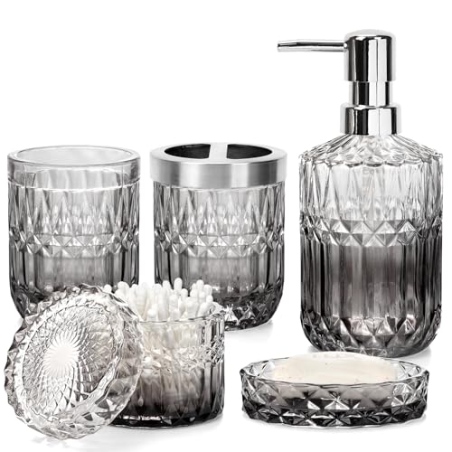 Ulable Bathroom Accessories Set, 5Pcs Bathroom Soap Dispenser Set, Glass Bathroom Accessories with Glass Soap Dispenser, Soap Dish, Toothbrush Holder, Tumbler, Cotton Swab Jar (Gradient Clear & Black) - Image 1