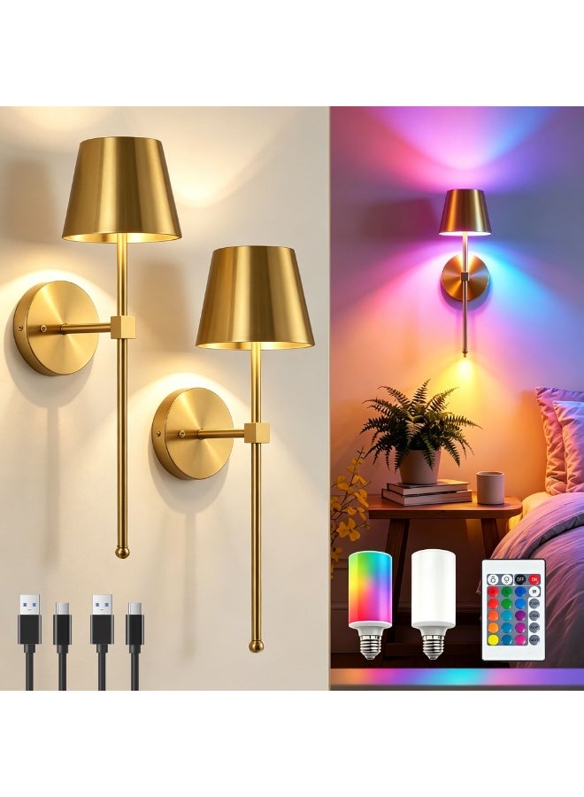 XICEN 2pcs Rechargeable Wall Light, 5200mAh Wireless Wall Sconce with RGB Rechargeable Bulbs, Remote Dimmable Timer, Touch Gold Wall Light for Bedroom Hallway Stairwell - Image 1