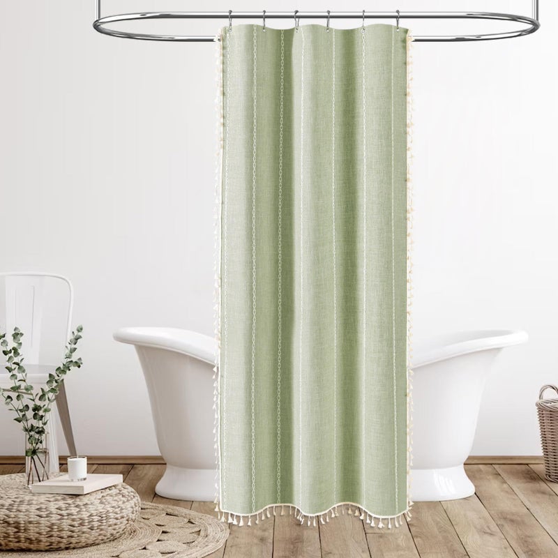 BTTN BTTN Stall Shower Curtain - 36x72 Narrow Boho Linen Thick Tassel Fabric Shower Curtain Set with 6 Plastic Hooks  Half Camper Modern Farmhouse French Country Shower Curtains for Bathroom - Sage Green - Image 1