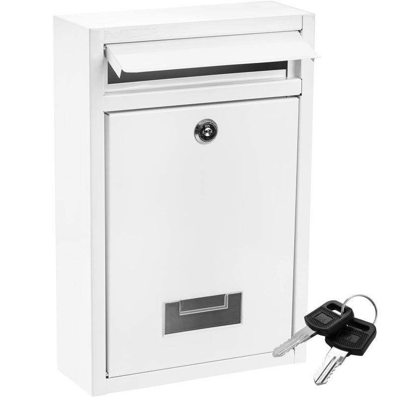 DEAYOU Mailbox with Key Lock Steel Cover Metal Dropbox for Envelope Letter Home Office Business White