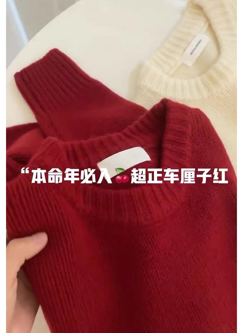 Generic - Idle Style Womens Pullover Sweater Soft Cashmere Knitted Top Solid Color Autumn/Winter Warm Comfortable Crew Neck Design Red - Image 1
