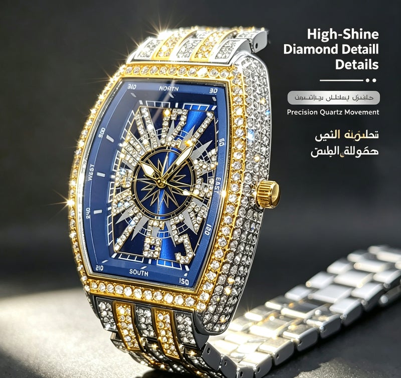 MISS FOX Men Iced-Out Full Diamond Quartz Watch, Gold Tonneau Barrel Shape Black Compass Hollow Dial, Stainless Steel Rhinestone Wrist Watch for Party Business Gift` - Image 5