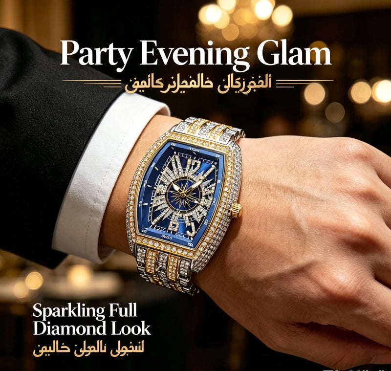 MISS FOX Men Iced-Out Full Diamond Quartz Watch, Gold Tonneau Barrel Shape Black Compass Hollow Dial, Stainless Steel Rhinestone Wrist Watch for Party Business Gift` - Image 4