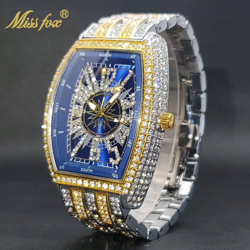 MISS FOX Men Iced-Out Full Diamond Quartz Watch, Gold Tonneau Barrel Shape Black Compass Hollow Dial, Stainless Steel Rhinestone Wrist Watch for Party Business Gift` - Image 1