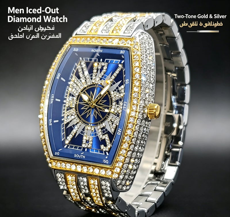 MISS FOX Men Iced-Out Full Diamond Quartz Watch, Gold Tonneau Barrel Shape Black Compass Hollow Dial, Stainless Steel Rhinestone Wrist Watch for Party Business Gift` - Image 2
