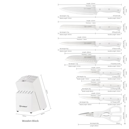 KATISUN 15-Piece White Kitchen Knife Set with Built-in Sharpening Stone, Ergonomic Triple Rivet Fixed Handles, Dishwasher Safe - Image 2